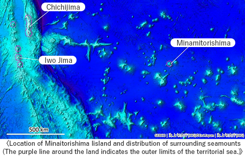 Distribution of Minamitorishima Island and surrounding seamount group (The purple line around the land indicates the extent of territorial waters.)